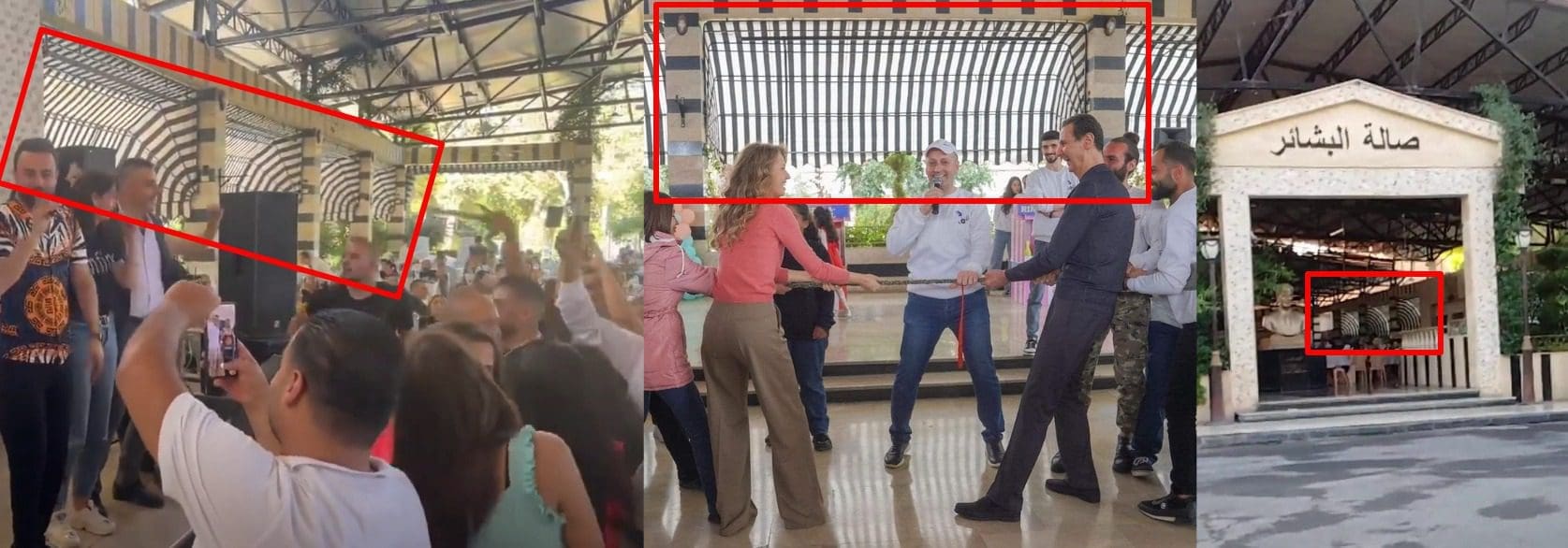 صورة مطابقة لصالة البشائر في نادي الرماية بريف دمشق (يمين - يسار)، مع صورة الادعاء (وسط) - شد الحبل